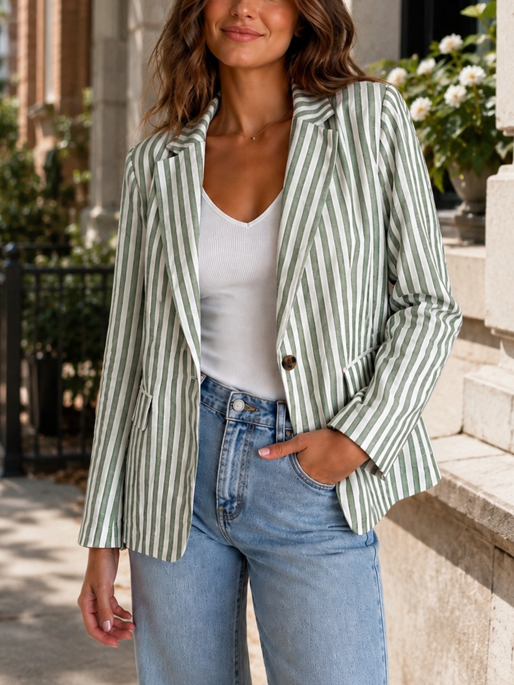 LOFT Striped Linen Blend Blazer Size 6 Green White Tailored Coastal Preppy